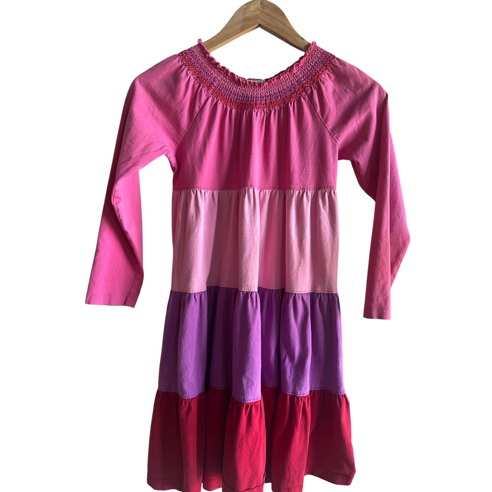 Hanna Andersson Tiered Dress Kids 130 Pink Purple Red Long Sleeve Smocked Boho